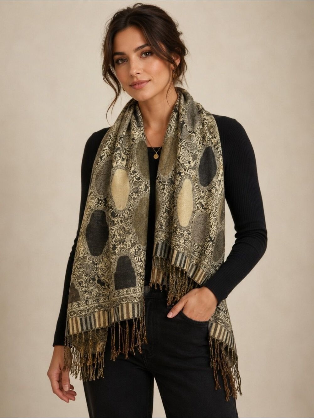 Pashmina Cashmere & Silk Scarf Wrap – Black & Sage Paisley Fringe Shawl
